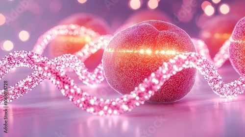 Peach with illuminated DNA inside, close-up view, genetic modification photo