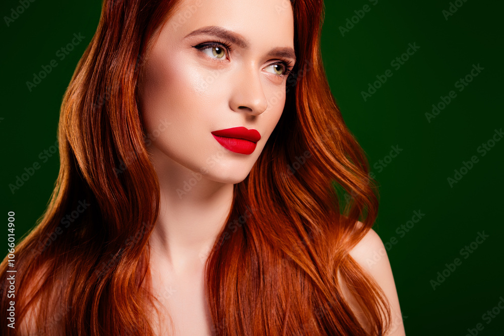 Fototapeta premium Photo of stunning pretty lady with wavy ginger haircut look profile side on green color background