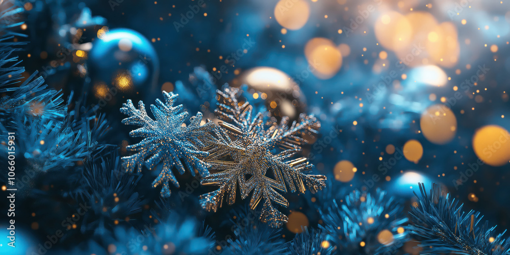Fototapeta premium Sparkling snowflakes on blue christmas tree with golden bokeh