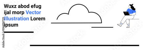 Abstract cloud, textual elements, person working on a laptop. Ideal for modern websites, tech themes, digital solutions, online services, cloud computing, professional presentations, and business