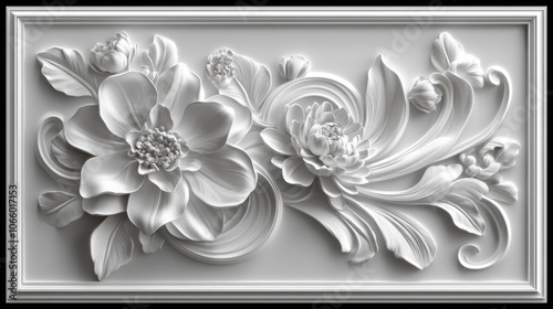 White floral relief carving on a rectangular panel with a frame.