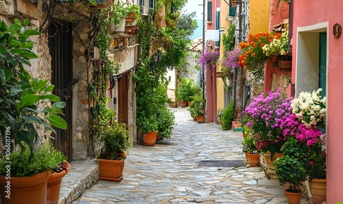 Fototapeta Naklejka Na Ścianę i Meble -  A winding lane meanders through an old Italian seaside village adorned with lush flowering potted plants in the doorways