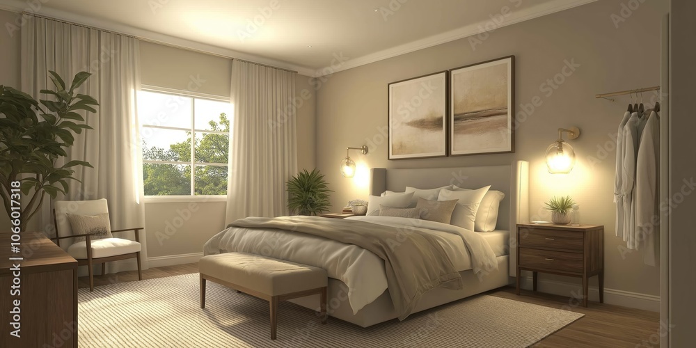 Fototapeta premium Modern and sophisticated neutral bedroom interior design