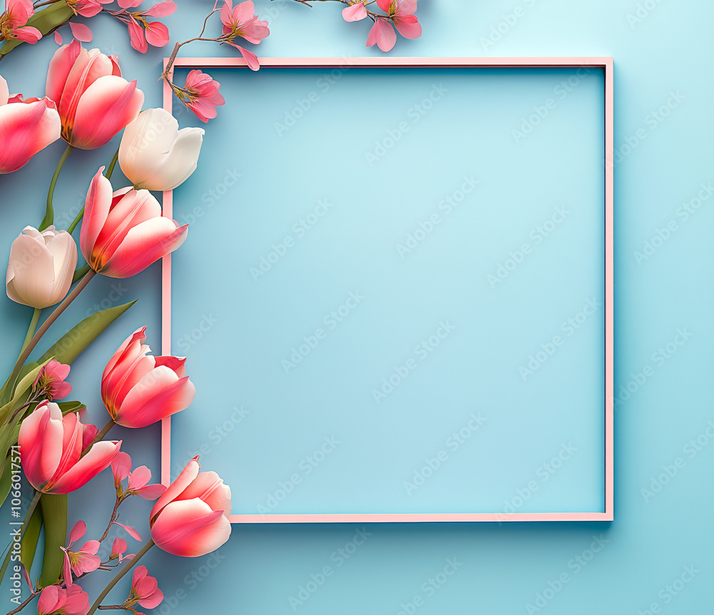 Obraz premium Light blue frame with delicate pink tulips on a soft blue background, ideal for spring-themed greetings and announcements with copy space