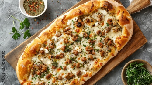 Thyme pastry pizza on cutting board, grey background, top view Arabian fast food photo