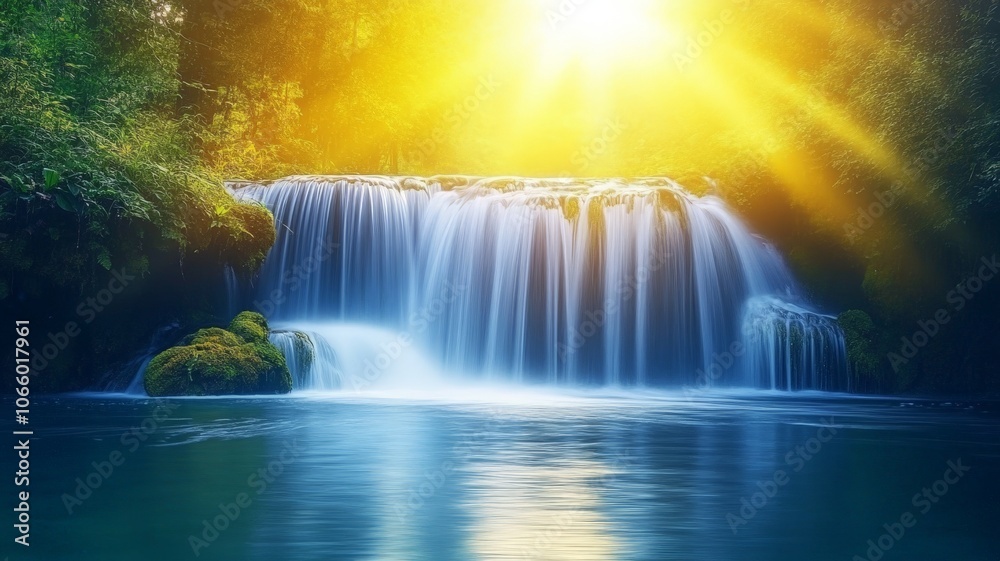 Serene Waterfall with Sunlight Through Trees Serene Waterfall with Sunlight Through Trees