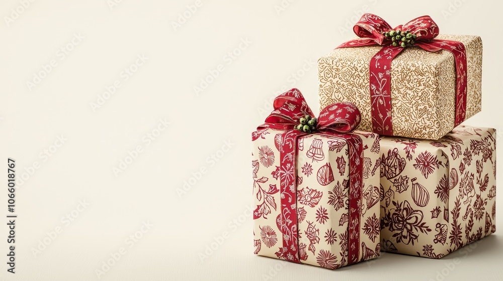 Fototapeta premium Small and large Christmas gift boxes with intricate patterns, laid out on a smooth white butter texture, isolated, perfect for festive advertising