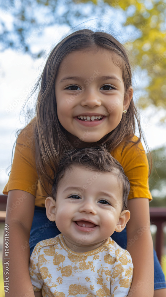 Smiling siblings play happily outside, radiating joy and love in bright yellow clothes Smiling siblings play happily outside, radiating joy and love in bright yellow clothes