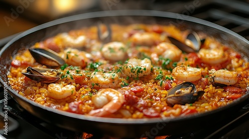 Steaming Seafood Paella in a Black Pan