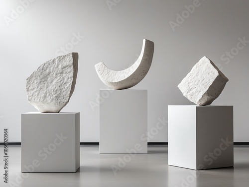 Three abstract sculptures displayed on pedestals, showcasing modern art elegance and unique geometric forms.