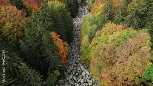 Drone footage from Golden bridges, a big rocks located in Vitosha mountain. Autumn season and awesome nature colours. Smooth aerial clips