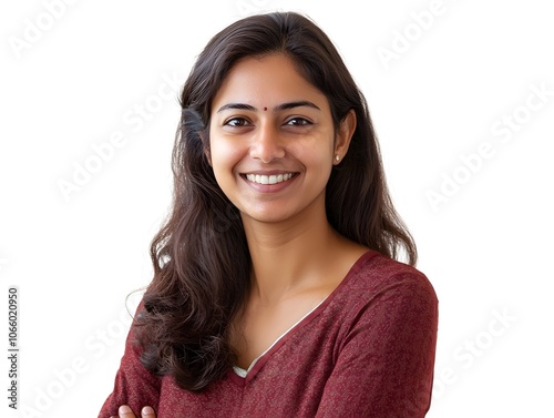 Content Indian woman casually dressed confidently smile on white background photo