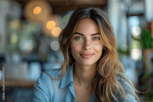 Wallpaper Mural Happy mature professional businesswoman in blue shirt working on laptop in modern office Torontodigital.ca