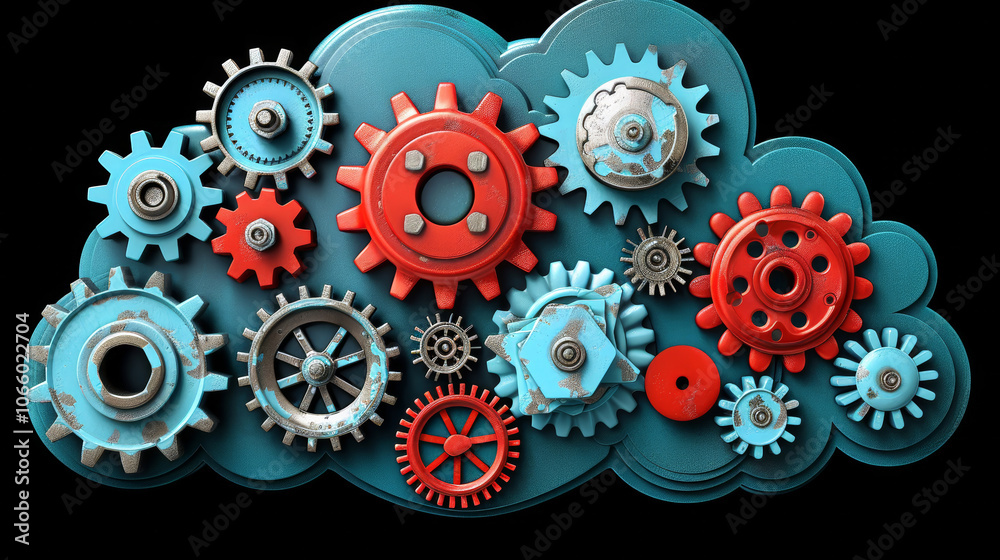 An intricate arrangement of gears in red, blue, and metallic tones forms a striking display on a blue cloud-shaped background, showcasing a blend of design and engineering creativity. An intricate arrangement of gears in red, blue, and metallic tones forms a striking display on a blue cloud-shaped background, showcasing a blend of design and engineering creativity.
