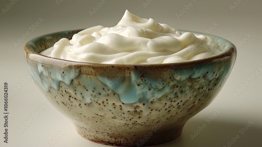 Creamy white sauce in a brown and blue bowl, isolated on a white background.