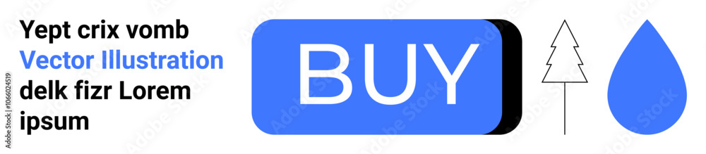 Blue BUY button with abstract tree and droplet illustrations, plus placeholder text in black and blue. Ideal for e-commerce, digital art, simple design, user interface, clean layouts, modern Blue BUY button with abstract tree and droplet illustrations, plus placeholder text in black and blue. Ideal for e-commerce, digital art, simple design, user interface, clean layouts, modern