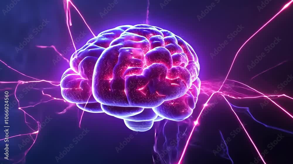 A purple and pink brain glows with electrical energy, symbolizing the power of the human mind