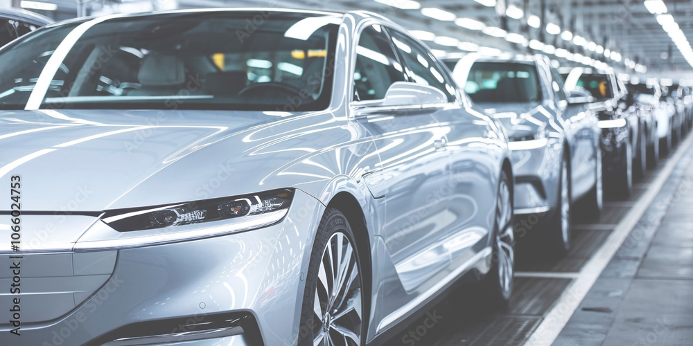 Fototapeta premium Electric Cars in Modern Automotive Production Line. A row of sleek, new electric cars on an assembly line in a state-of-the-art automotive factory.