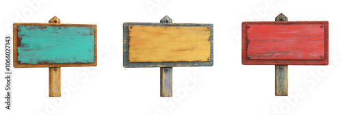 Various collection of empty blank colourful signboard poster on a sturdy wooden pole isolated on transparent background