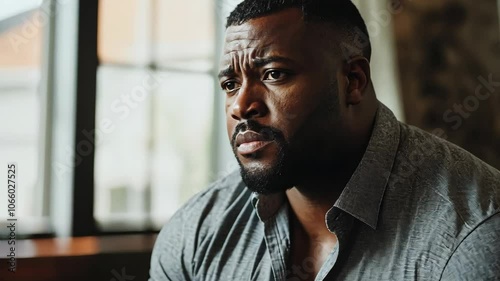 A man with a beard looks out the window with a thoughtful expression