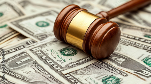 A wooden gavel rests on a pile of money, showing a legal and financial theme. Concept of law and finance interaction. photo