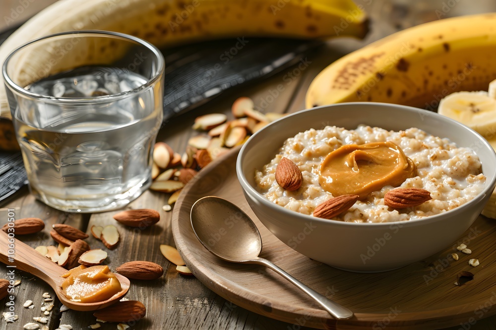 A nutritious breakfast bowl with oatmeal, bananas, almonds, and a glass of water. A nutritious breakfast bowl with oatmeal, bananas, almonds, and a glass of water.