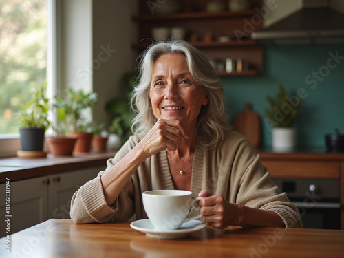 Senior Woman Enjoying Coffee at Home photo