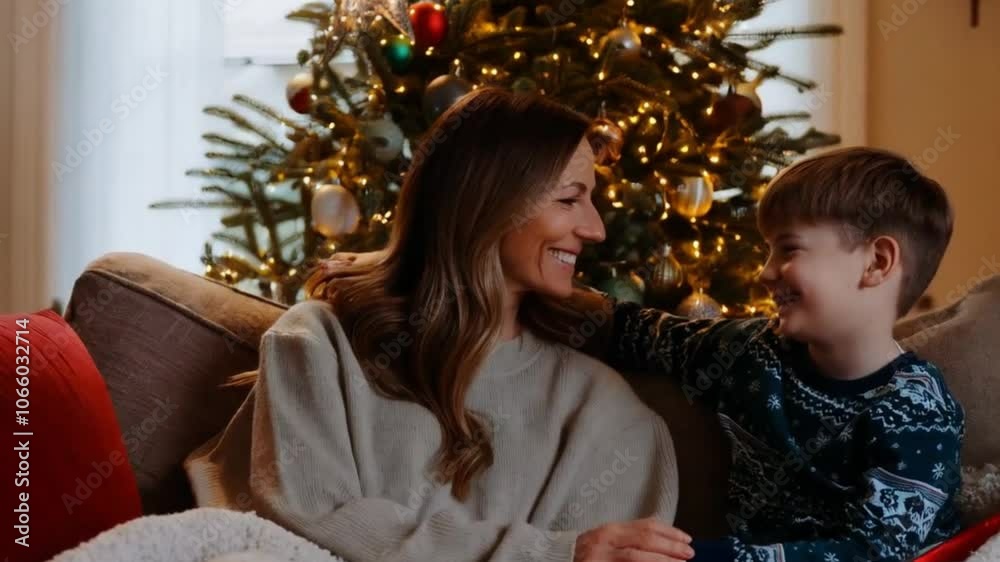 A loving mother and her young son enjoying playful moments together by the Christmas tree. A happy family celebrating the holiday, sharing a cozy evening at home. A loving mother and her young son enjoying playful moments together by the Christmas tree. A happy family celebrating the holiday, sharing a cozy evening at home.