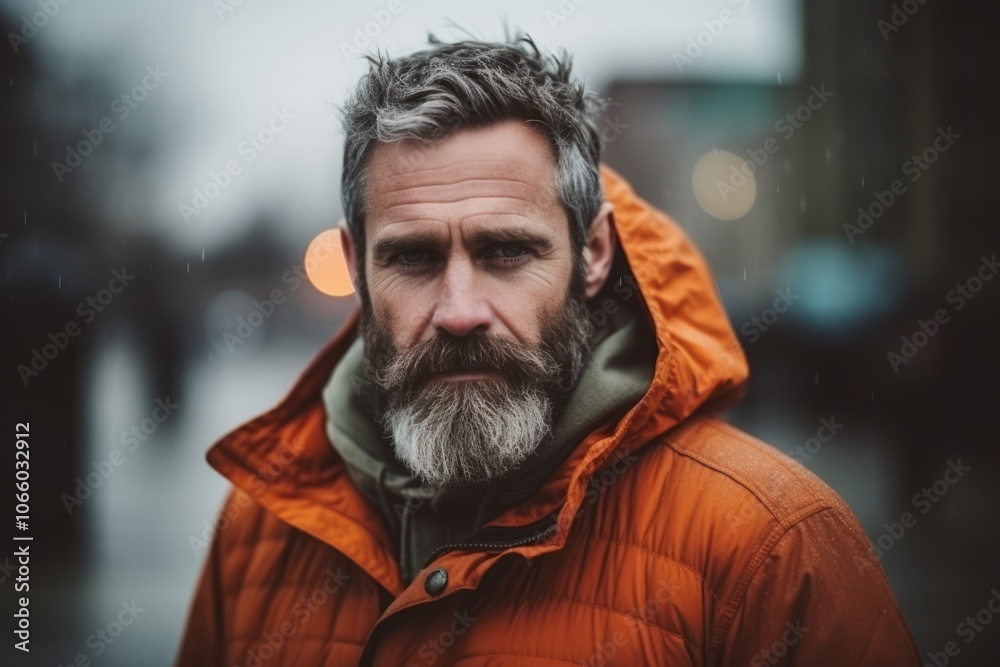 Handsome mature man with long gray beard and moustache in orange jacket looking at camera with serious expression on face outdoors Handsome mature man with long gray beard and moustache in orange jacket looking at camera with serious expression on face outdoors