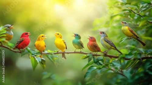 Colorful birds sing together in harmony on a branch surrounded by lush greenery