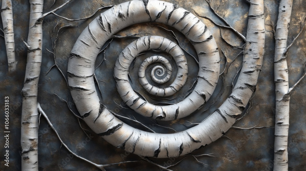 Fototapeta premium A Birch Tree Spiral Formation on a Dark Background