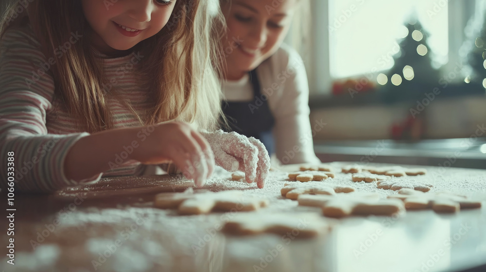 Fototapeta premium Two girls decorate cookies with powdered sugar in a cozy kitchen. Concept: Holiday baking, joy.