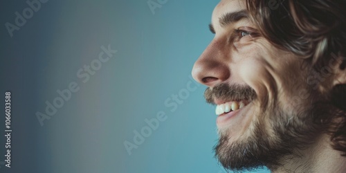 Close-up portrait of a smiling, bearded man with dimples photo