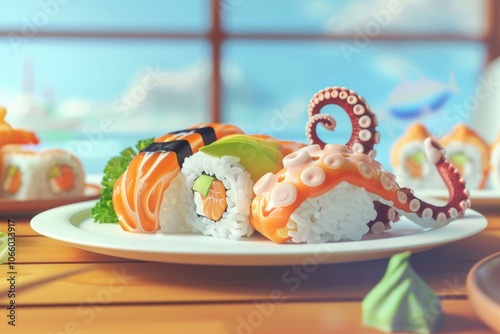 Sushi plate with octopus and squid toppings, on a table. Vibrant colors, whimsical food art, oceanic theme. photo