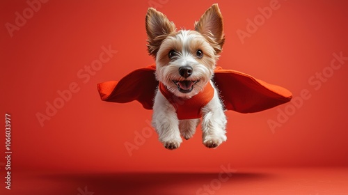 Dog wearing a superhero cape flying on a red background