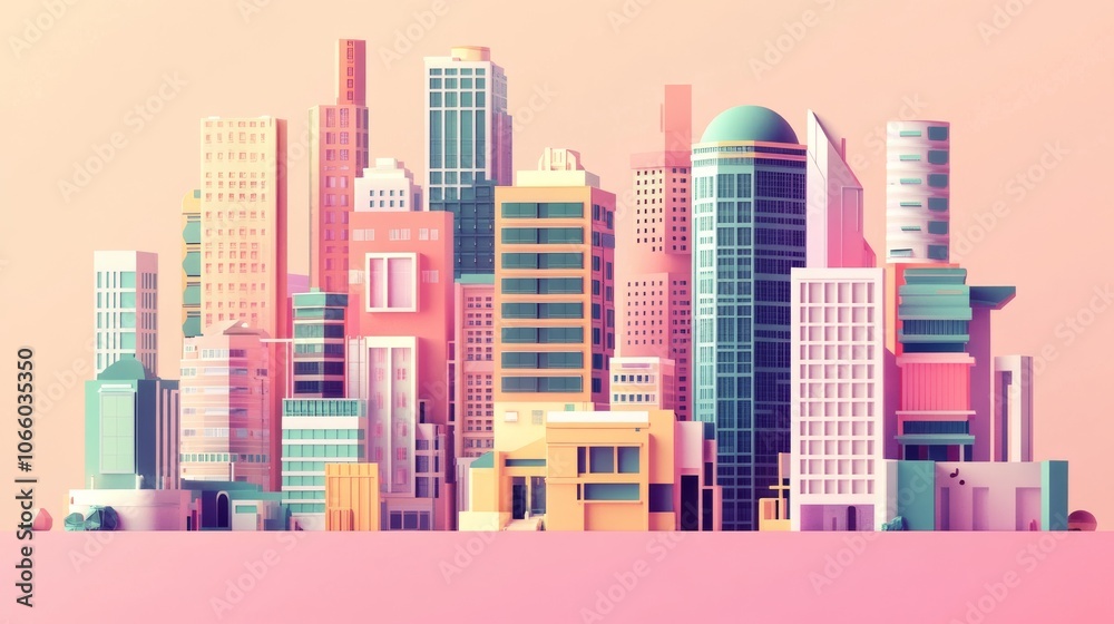 Obraz premium Pastel Cityscape: 3D Rendered Architectural Icons, Geometric Buildings, Pink Background