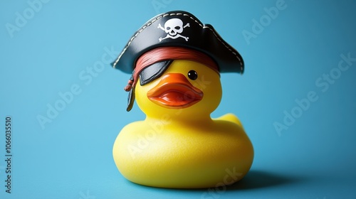Rubber duck with a pirate hat and eyepatch on a solid blue background with copy space
