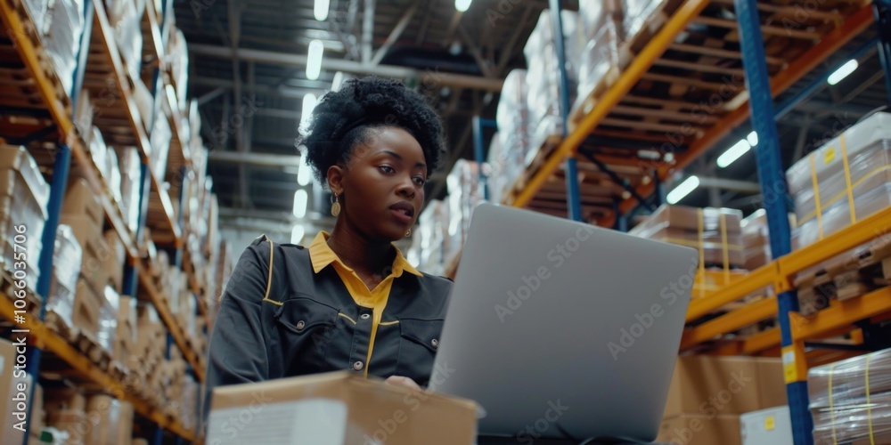 A person in a warehouse looking at a laptop. They are dressed in work attire. A person in a warehouse looking at a laptop. They are dressed in work attire.