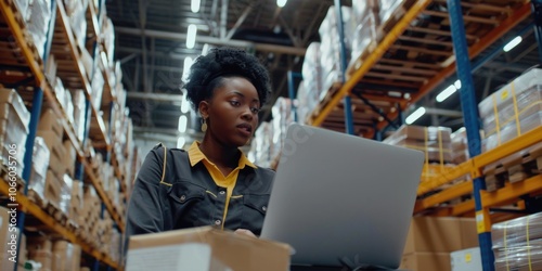 A person in a warehouse looking at a laptop. They are dressed in work attire.