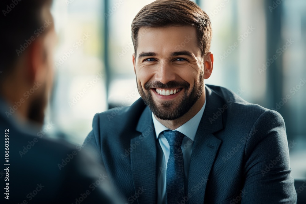 Confident businessman smiling in sharp suit during successful meeting in modern office, collaborating with colleague, with a contemporary cityscape in the background