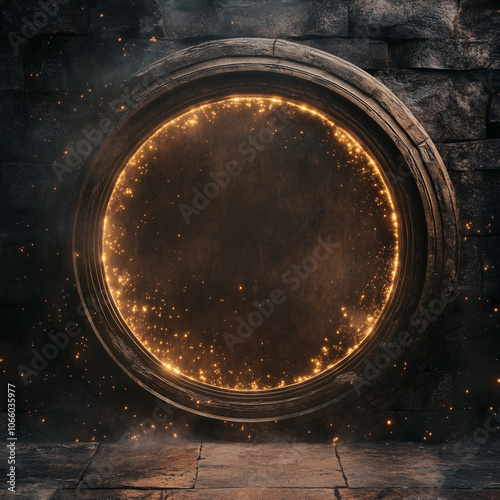 Round Bronze Door Effect with Luminous Dust for Passage Scene VFX in Deep Slate Background photo