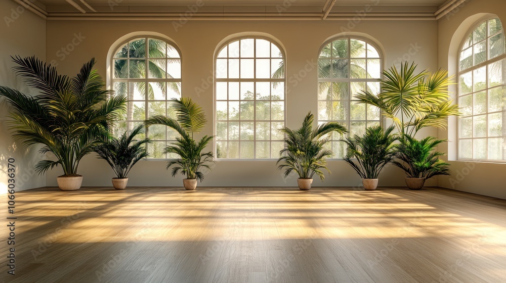Empty room with large windows, wooden floor, and potted plants. Empty room with large windows, wooden floor, and potted plants.