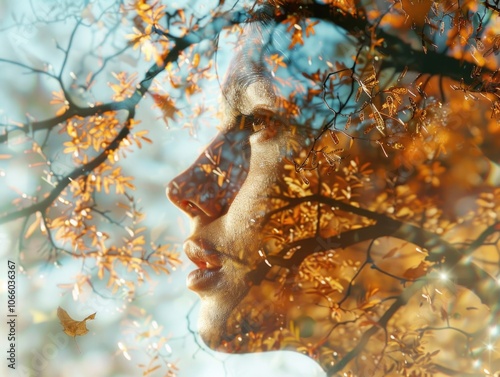 A creative self-portrait with autumn leaves, reflecting the season and personal reflection.