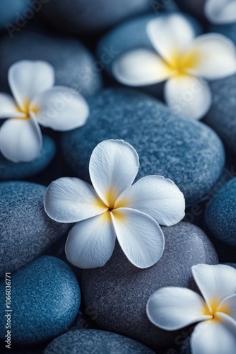 Lotus flowers on rocks with a calm background.