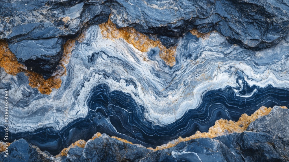 Fototapeta premium Abstract Blue and White Swirling Pattern on Black Rock