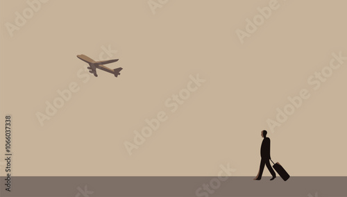 Airport scene reto style vector illustration, luxury travel background banner. Mocha mousse. 