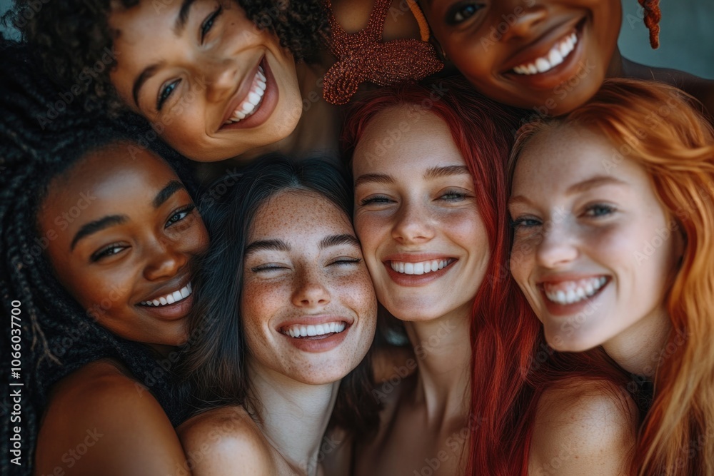 Fototapeta premium A group of joyful young women sharing smiles together. Includes a variety of ethnic backgrounds, showcasing diverse beauty and inclusivity.