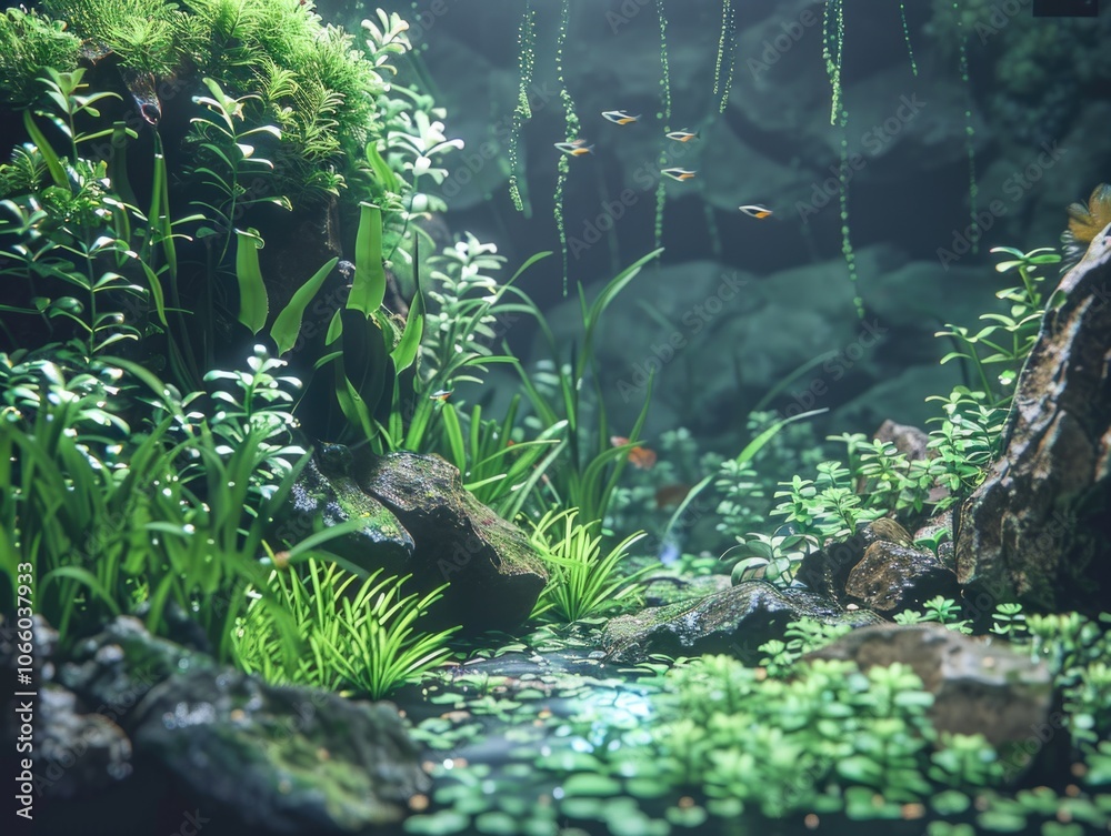 Naklejka premium Vibrant aquarium scene with lush plants and colorful fish