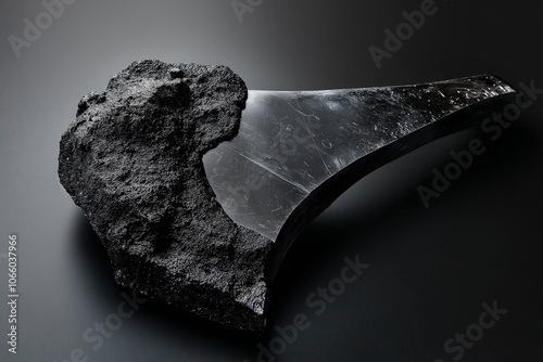 Obsidian Axe with Polished Blade Suitable for Chopping – 3D Volcanic Glass Hatchet on Black Background photo