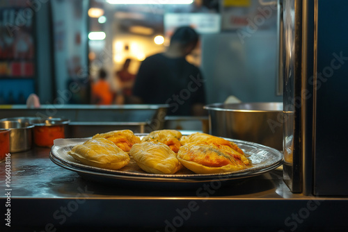 Chicken Filled Curry Puff from Hawker Stall Late Night Snack Pastry with Singaporean Flair photo